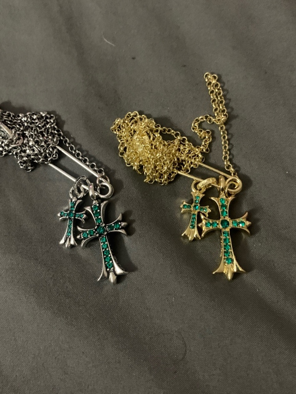 Cross Pendant Necklace with Green Gem Accents - Gold or Silver